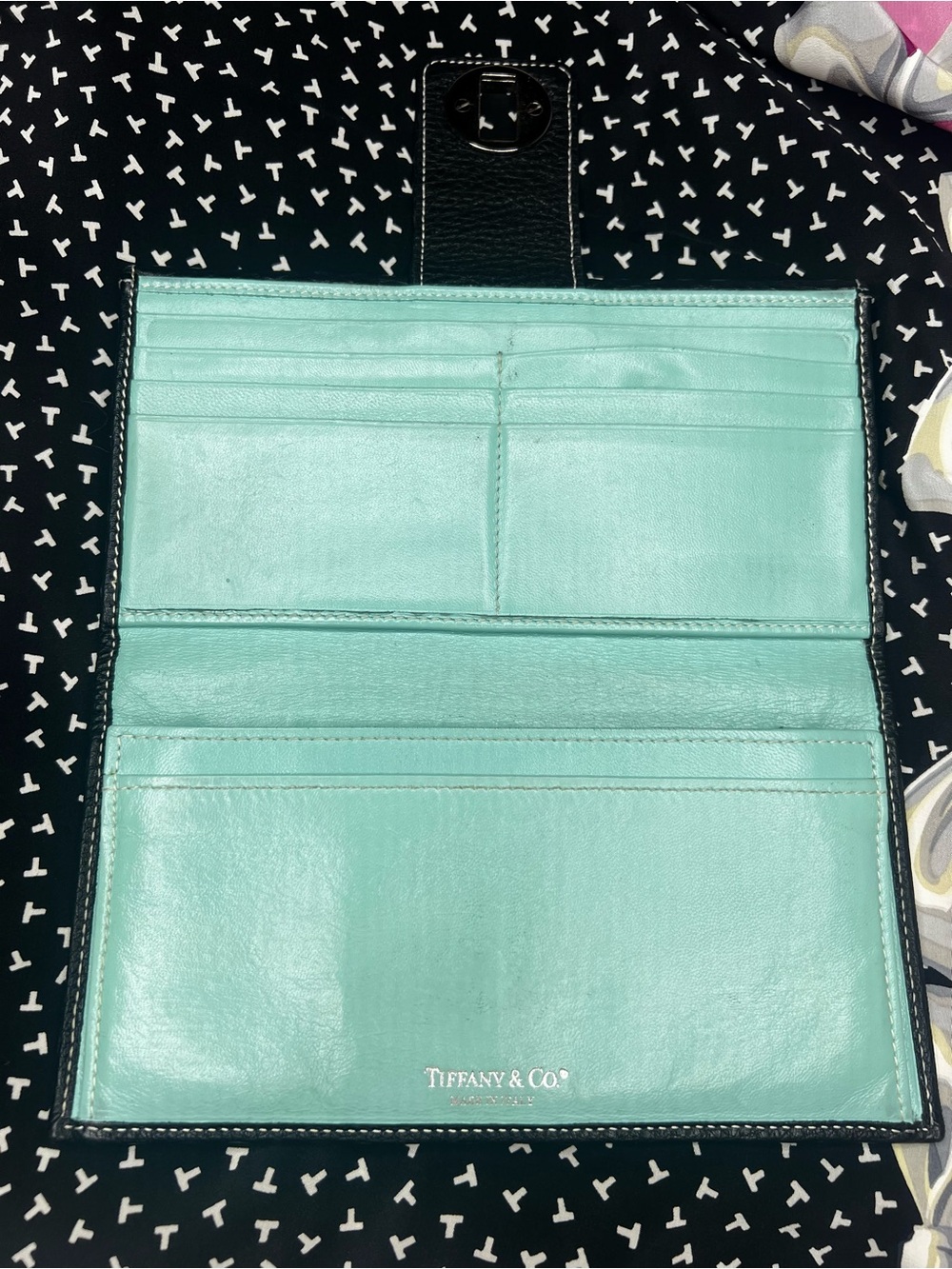 Tiffany & Co. Black Pebbled Leather Continental Wallet Tiffany Blue Interior